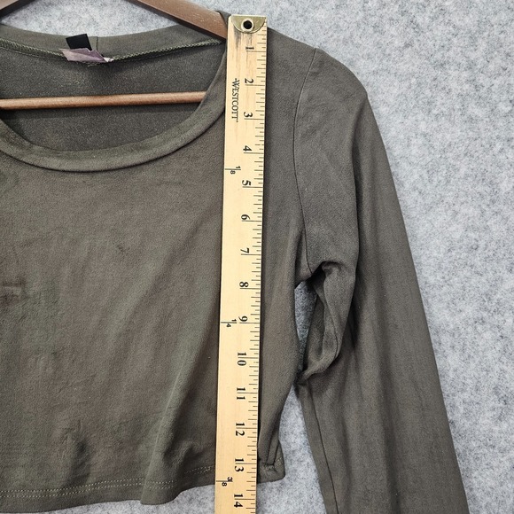 Long Sleeve Crop Top Womens Small Olive Green Stretch Y2K Grunge Baddie JnK USA - Picture 5 of 9